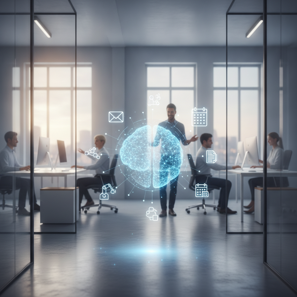 Ein Roboterarm sortiert Dokumente in einem modernen Büro, symbolisierend den Agentic AI Büroalltag und die KI Automatisierung kleiner Aufgaben.