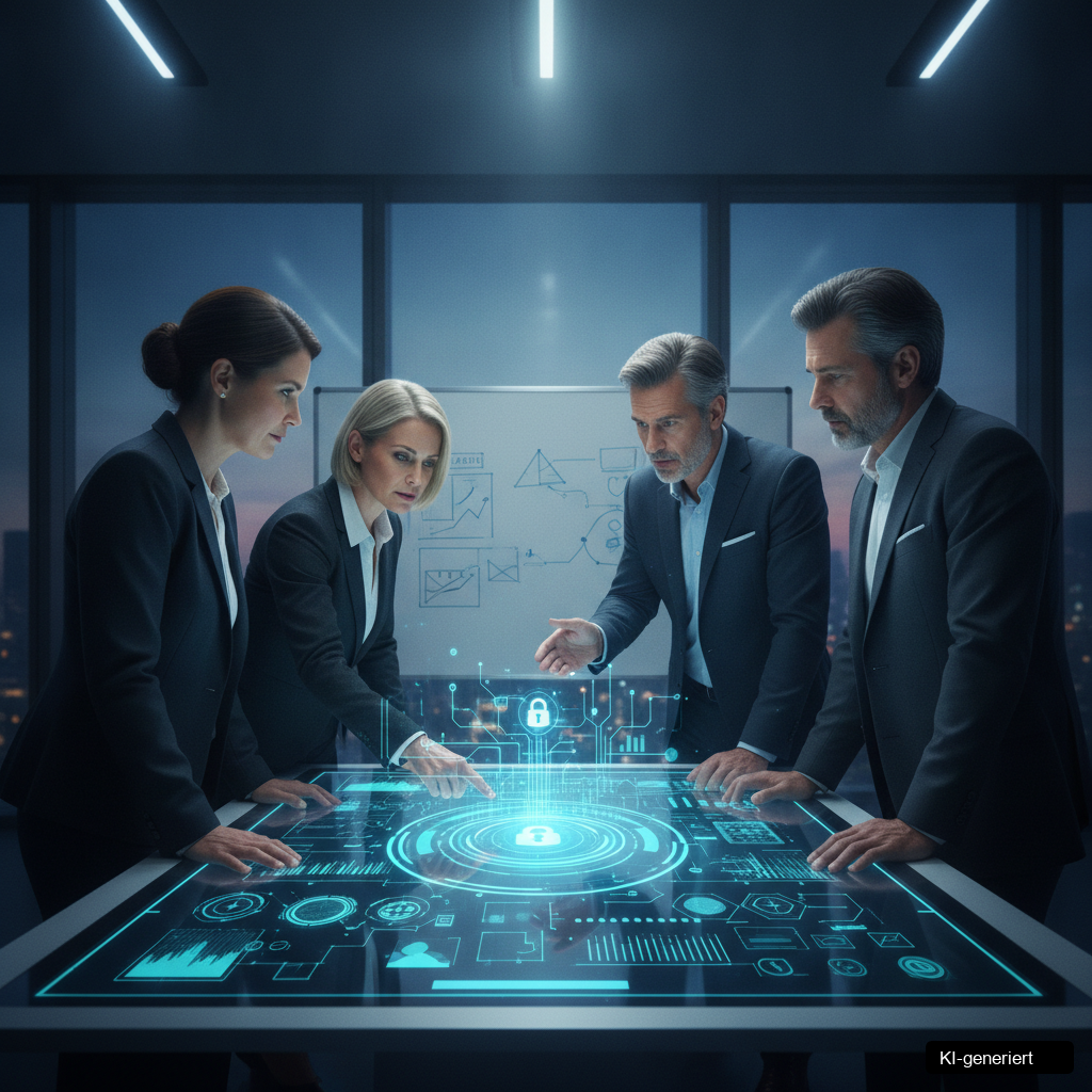 Ein Betriebsinhaber plant seine Cybersecurity Strategie KMU, um digitale Risiken zu managen.