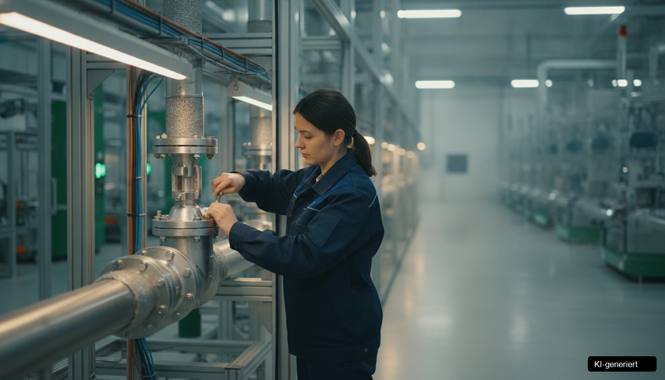 Ein Ingenieur prüft Energieanlagen, um die EnEfG Novelle Betrieb in einem KMU umzusetzen.