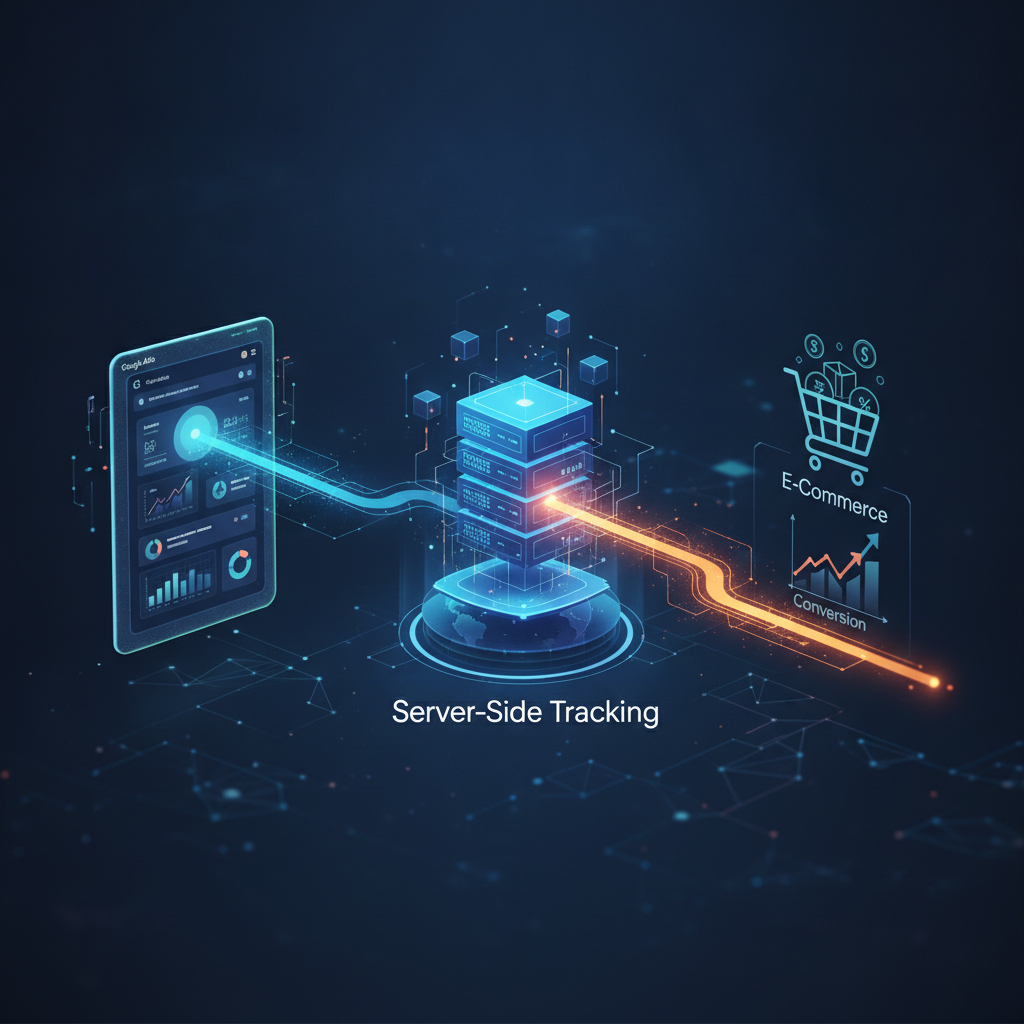 Datenfluss von Online-Shop über Server-Side Tracking zu Google Ads zur Behebung von Conversion Tracking Fehlern.