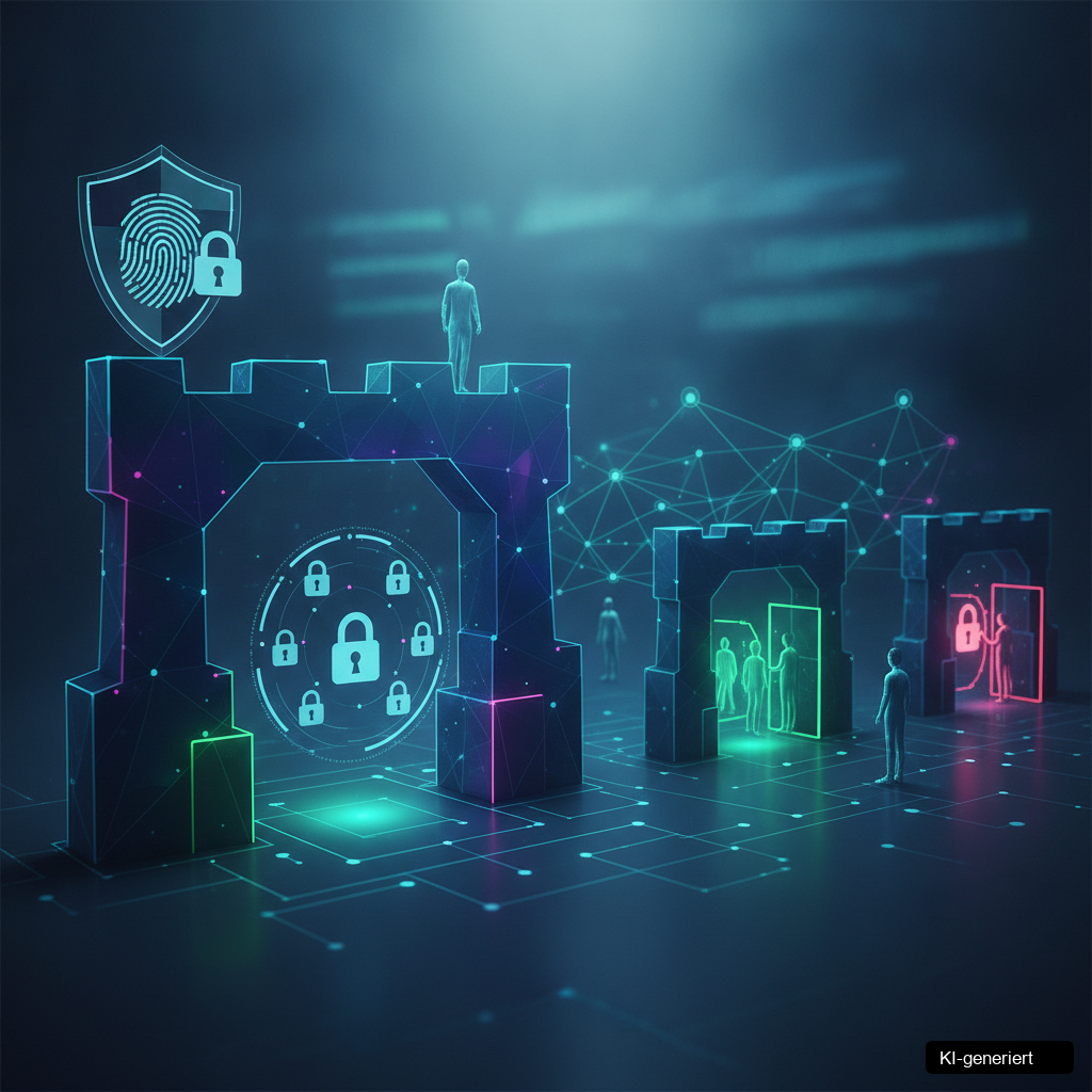 Illustration der kontrollierten Mitarbeiterzugänge und Datenzugriff durch Identity Access Management Betrieb in einem KMU.