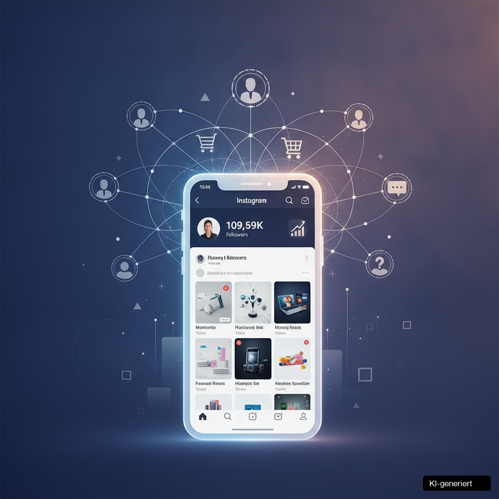 Eine Lupe vergrößert Instagram-Symbole, die Instagram Keywords und organische Reichweite für Instagram SEO darstellen.