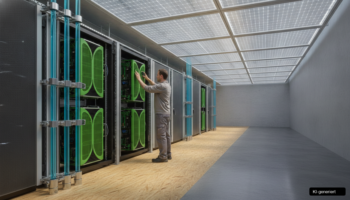 Eine Hand optimiert IT-Hardware im Betrieb, um Stromkosten zu senken und grüne Digitalisierung zu fördern.